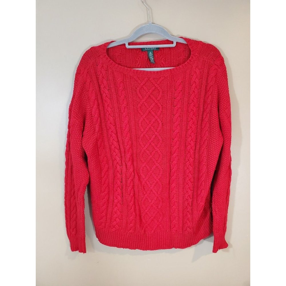 Lauren Ralph Lauren Red Cable Knit Cotton Wool Blend Pullover Sweater, Size M